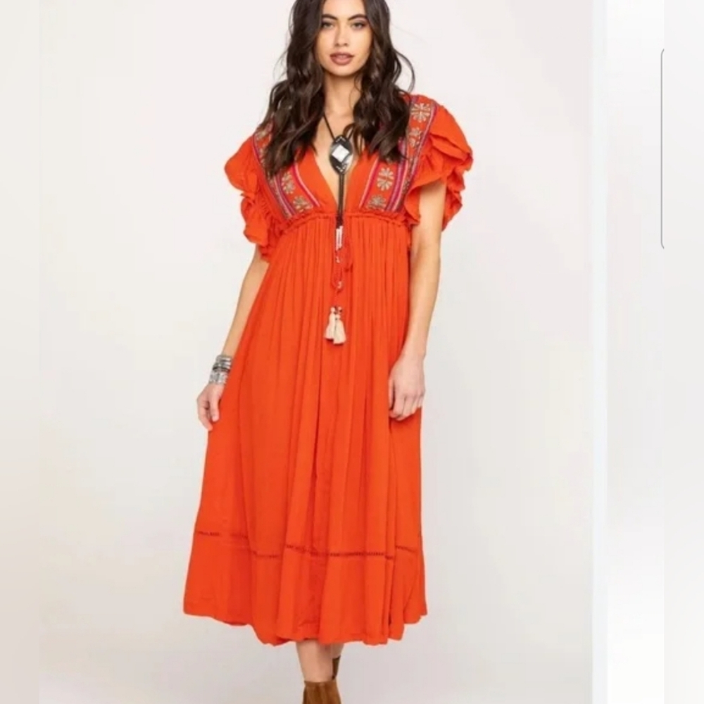 ❤️ FREE PEOPLE WILL WAIT FOR YOU EMBROIDERED BOHO MIDI DRESS, MEDIUM - Picture 4 of 15